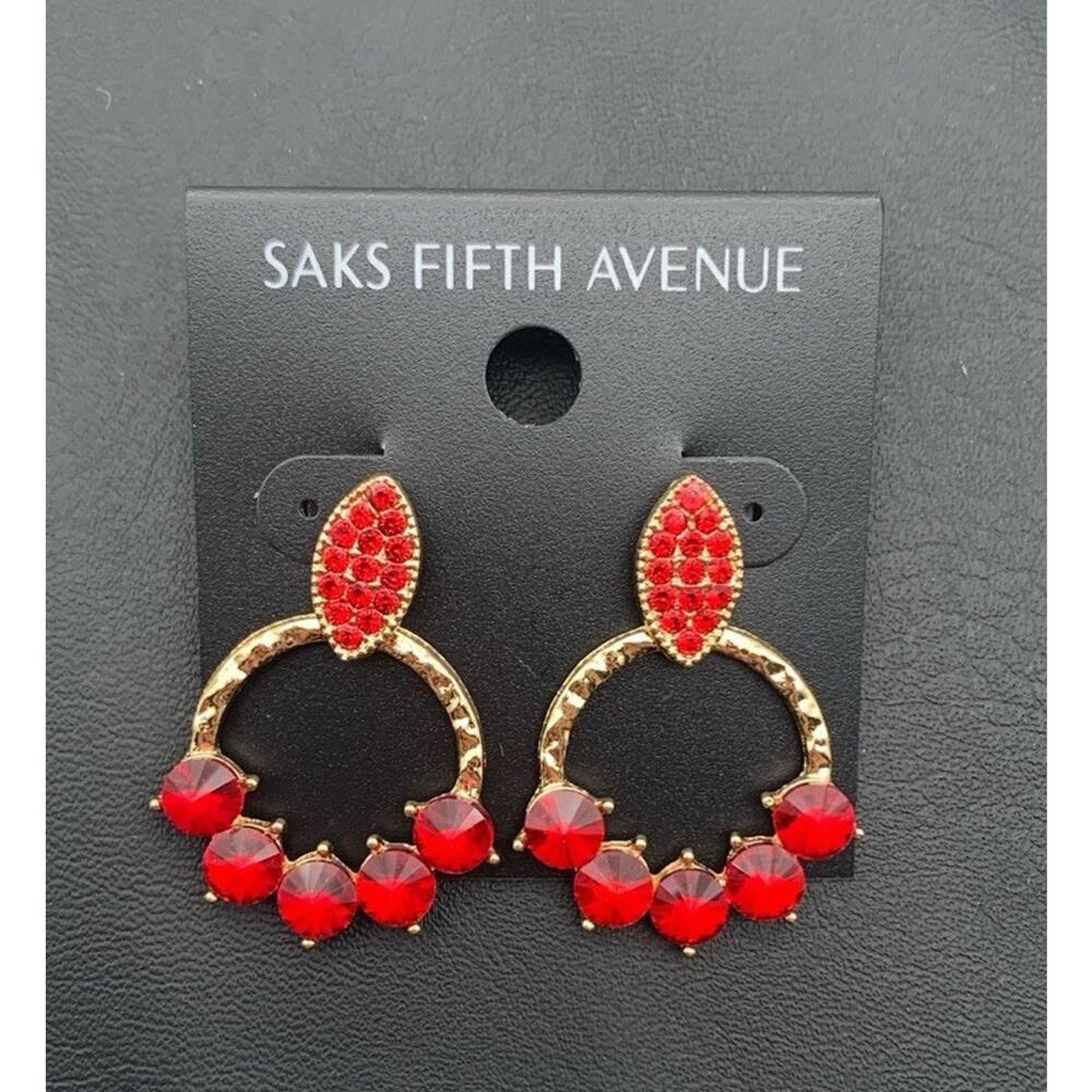 New Saks Fifth Avenue Gold Tone‎ Red Rhinestone Dangle Pierced Earrings
